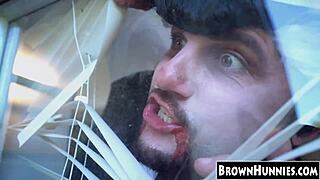 Chocolate teen beauty's petite pussy gets halloween heels stockings tease