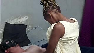 Hot braided teen slut sucks masked man's cock then rides doggystyle?