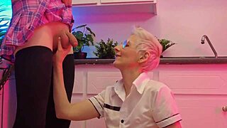 hey wanna see this cute blonde get her face pissed on after sucking old cock cumshot?