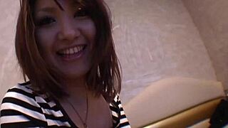 Cute Asian brunette rides cowgirl before creampie ends her toy vibrator dessert night