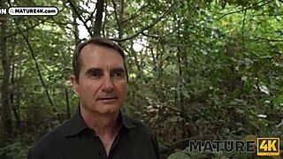 mature brunette in heels seduces young guy in forest for public fuck watched by husband