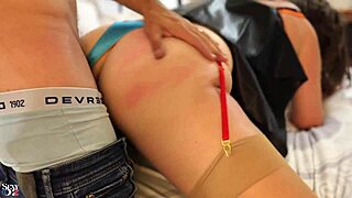 French amateur in sky dress and satin lingerie rubs shaved pussy before cowgirl ride with heels