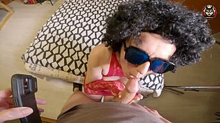 Brunette housewife seduces guy into blowjob then doggystyle ending with cum on hairy pussy