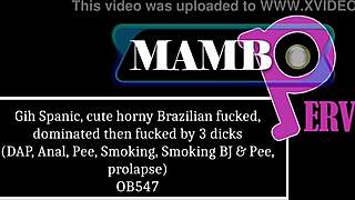 Gih Spanic's cute brazilian ass dominated by three cocks dap anal smoking bj