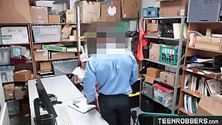 Creepy Guard Pounds Shaved Teen Shoplifter's Tight Pussy in Garage