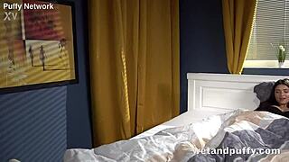 brunette teen slowly teases wet puffy swollen pussy with dildo closeup