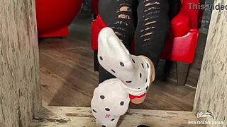 goddess teases wrinkled toes in socks then barefoot under desk close-up