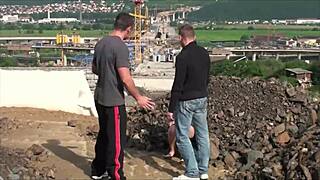 young blonde cutie gets her pussy pounded hard outdoors by two guys in public orgy