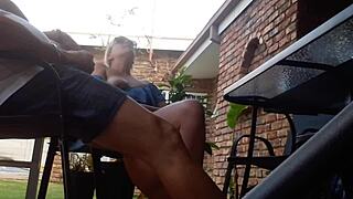 upskirt view: banging stepmom outdoors with huge dildo till squirt