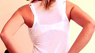 stunning blonde's heart races undressing outfits on bed touching deeply