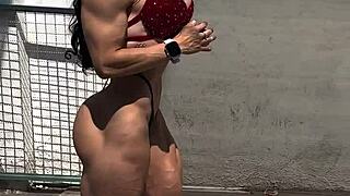 fbb bodybuilder flexes meaty feet stuffed in sexy heels
