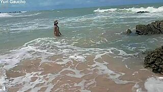 blonde big tits wife flashes pussy and ass public at nudist beach for horny crowds