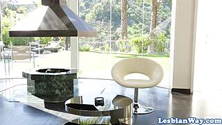 adorable redhead gets her pierced pussy licked deep by stunning lesbian model in full scene