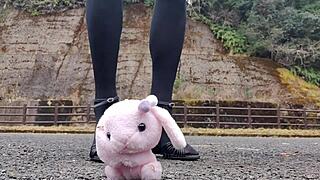 Japanese crossdresser crushes soft toys in fetish play