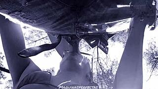 Bluee heads outdoors for a deepthroat blowjob on that monster cock with cumshot