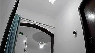 teasing delivery guy naked flashing pussy while cuckold husband works nearby