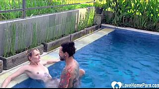 Blonde bikini babe bends for poolside hardcore dick plunge
