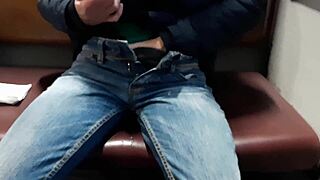 skinny brunette risks orgasm masturbating in jeans on crowded public train