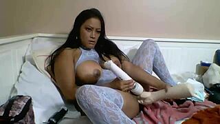 maxine x shoves huge toy deep into her squirting asian pussy on bed