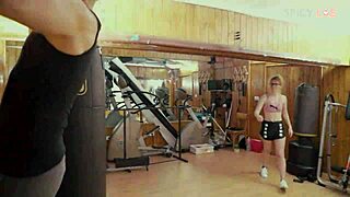 Sara Bell's slutty gym workout turns into bent over doggystyle pounding and cowgirl riding