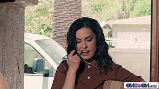 Babe courier takes strapon from horny latina