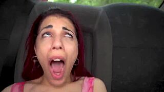 Seductive Redhead Chokes on Monster Cock Deepthroat in Taxi Backseat Wild Riding Facial Cumshot