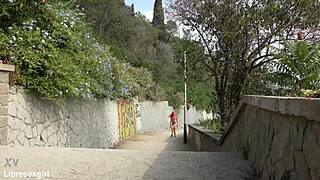 skinny slut strips naked flashing shaved pussy on barcelona streets