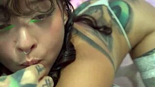 wanna see this split-tongue babe grind her hairy pussy on a pillow then take ass fuck?