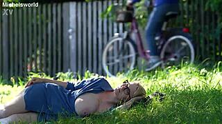 Hiking downblouse flashes saggy tits publicly exposed