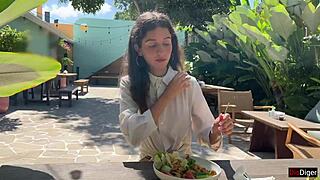 Watch Cum Drip Down Her Face At Cafe Lunch Before Public Cumwalk Adventure!