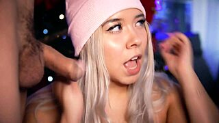 Baby, watch this cute blonde tease and suck my small cock till it's rock hard for you!