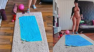 hot sweaty milf spreads big ass in naked yoga workout