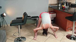 desperate yoga slut soaks tight pants with messy piss during deep stretches