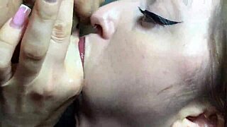 Submissive slave gags on huge cock with sloppy ball licking handjob creampie