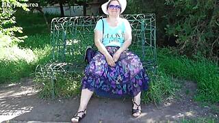 hairy mature flashes chubby pussy and fat body in see-through dress outdoors