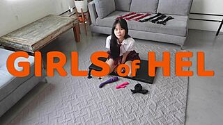 Tied student squirts in rope bondage
