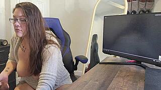 horny mom glasses masturbates watching huge bbc porn moaning tits out