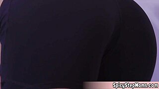 Beautiful sporty blonde milf gym workout interrupted by horny instructor's big tits handjob blowjob