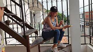 skinny latina neighbor bends over for rough bat hang position pounding