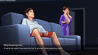 stepmom peeks then fingers her pussy helping stepson stroke his monster cock summertime saga