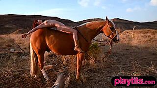 curvy redhead milf rips clothes outdoors, bares hairy pussy and big tits before riding horse