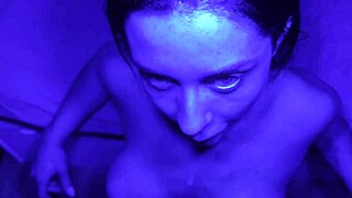 Dude, she gives a deep blowjob then takes creampie bent over in blue light