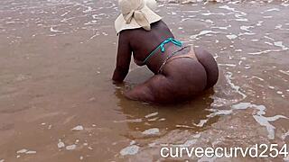 Quick Beach Doggystyle Bang with Curvy Ebony Slave Spanked Hard