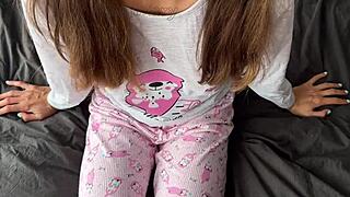 18yo Pajama Teen Fingers Shaved Pussy Squirts Then Takes Cumshot Load