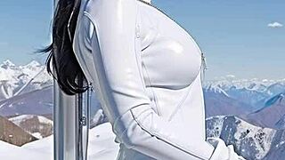 ski resort leather catsuit tease jerks big tits in snow dream