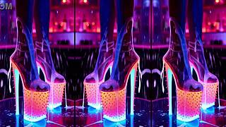 High heels dangle on nightclub counter in messy ai scene.