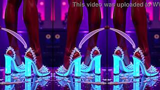 High heels dangle on nightclub counter in messy ai scene.