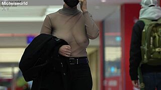 slave wife goes braless with downblouse flashing her saggy tits in public as submissive secretary