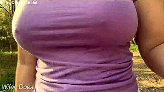 hot wifey sneaks outside flashing her massive milf tits for all