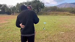 wife strips naked in soccer field jerking off and offering her ass
